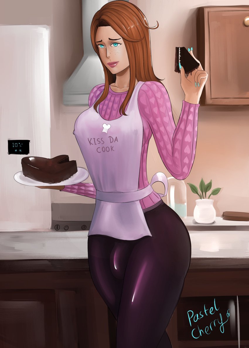 1futa apron artist_name breasts bulge busty cake chocolate_cake clothes_writing clothing collarbone cooking curvy english_text erect_nipples erect_nipples_under_clothes eyelashes flaccid food freckles fully_clothed futa_only futanari ginger ginger_hair highres holding_food holding_plate indoors kitchen light_blue_eyes lips long_hair long_sleeves looking_at_viewer mature_futa mature_intersex medium_breasts milf mother nails nipple_outline orange_(pastelcherry) original painted_nails parent pastelcherry penis pink_sweater plate sexually_suggestive shiny_clothes shiny_hair signature smile smiling solo solo_futa standing sweater text thick_thighs tight_clothes tight_clothing tight_pants wide_hips yoga_pants