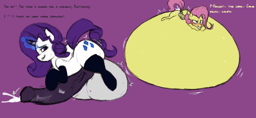 ass balls big_balls big_butt big_penis bodily_fluids clothing cum cum_belly cum_inflation duo english_text female feral fluttershy_(mlp) friendship_is_magic furry futa_on_female futa_with_female futanari genital_fluids genitals gloum hi_res huge_balls huge_butt huge_cock hyper hyper_balls hyper_genitalia hyper_inflation hyper_penis inflation intersex intersex/female legwear my_little_pony penis rarity_(mlp) rubber stockings text