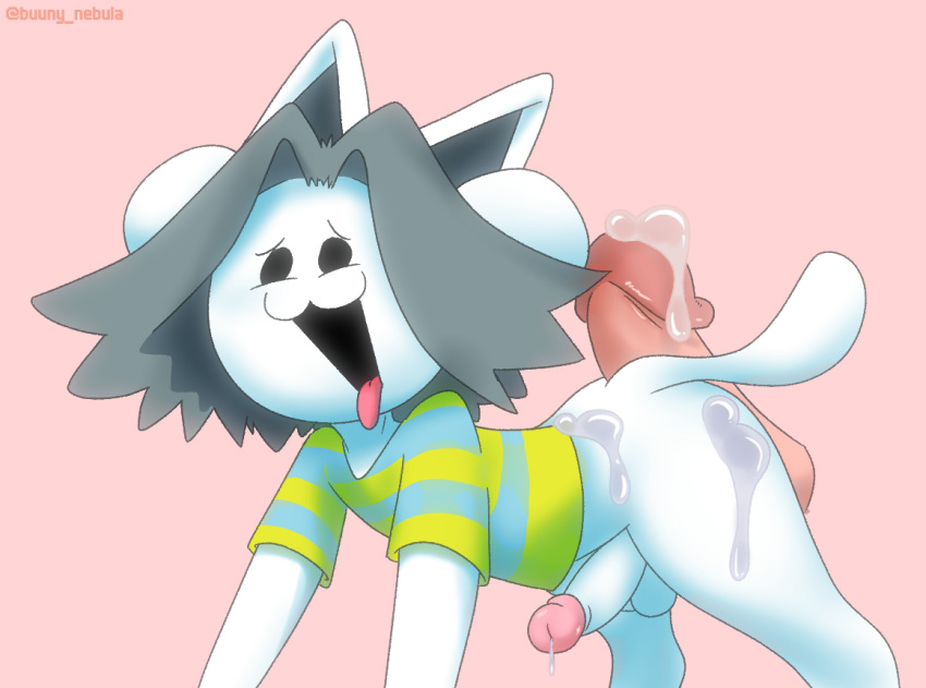 2boys anthro bob_(undertale) bottomless bunny_nebula clothed clothing disembodied_penis duo gay genitals hair human male male/male male_only mammal penis shirt simple_background tem temmie_(undertale) tongue tongue_out topwear undertale undertale_(series) video_games white_body