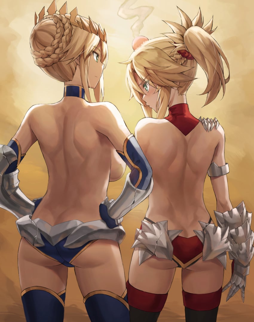 2girls ahoge artoria_pendragon artoria_pendragon_(lancer) ass ass_cleavage back bangs blonde_hair blush braid braided_bun breasts butt_crack closed_mouth crown daughter dimples_of_venus elbow_gloves fate/apocrypha fate/grand_order fate_(series) faulds female female_ass female_only french_braid gauntlets gloves green_eyes hair_bun hair_ornament hair_scrunchie hands_on_hips head_bump high_resolution human large_breasts long_hair looking_at_another milf mordred_(fate) mother_and_daughter multiple_girls pantsu ponytail posterior_cleavage pouting red_hair_ornament red_scrunchie scrunchie shoulder_blades sideboob sidelocks small_breasts thighhighs thighs tied_hair tonee topless underwear