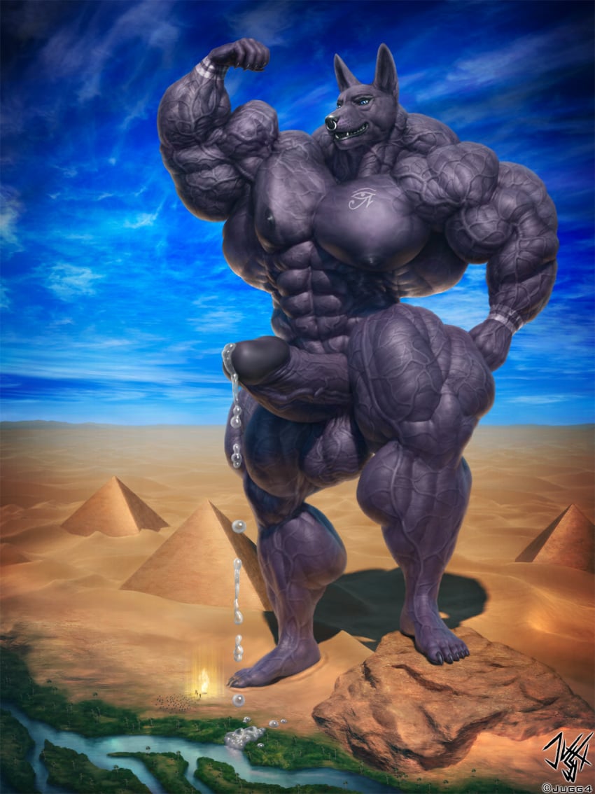 abs anthro anubian_jackal balls big_muscles big_penis black_body bodily_fluids canid canine canis crowd desert detailed_background erection flexing genital_fluids genitals group hi_res huge_muscles jackal jugg4 leaking_precum macro male male_only mammal micro muscular muscular_male muscular_thighs nipples nude outside pecs penis precum pyramid river solo thick_penis vein veiny_balls veiny_muscles veiny_penis