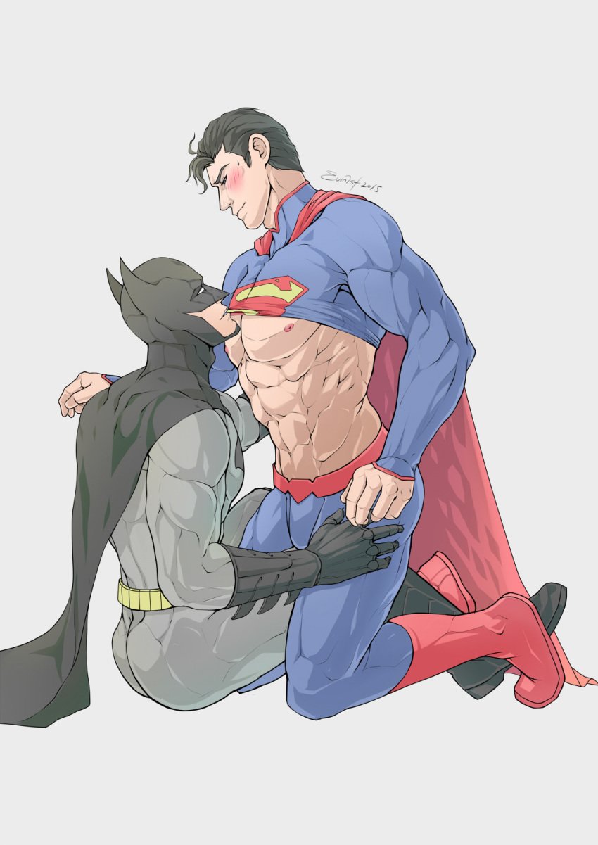 2boys abs batman batman_(series) bite blush bruce_wayne clark_kent dc dc_comics evinist gay justice_league leg_grab male male/male male_only muscles muscular muscular_male pectorals superman superman_(series) tagme yaoi