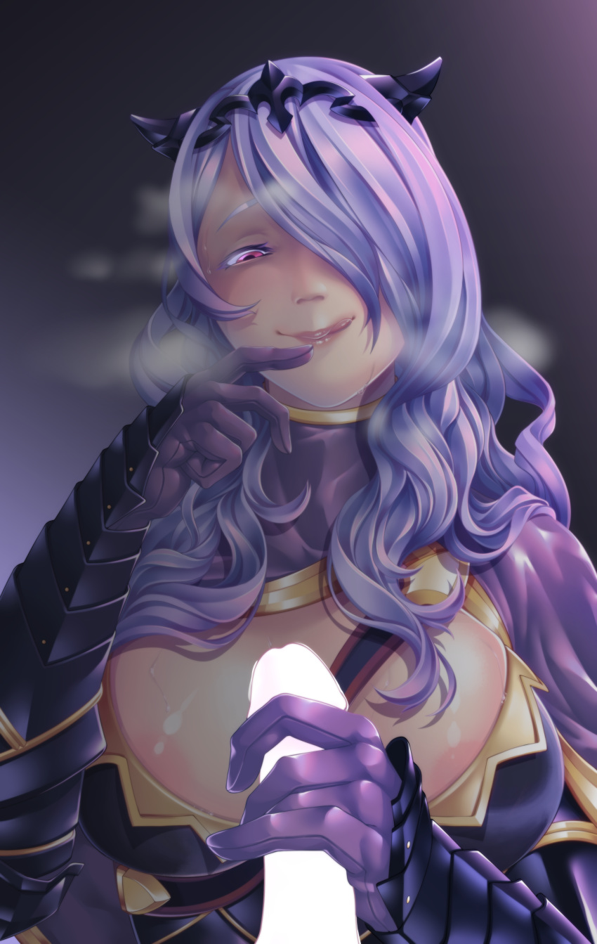 1boy 1girls camilla_(fire_emblem) censored cleavage fire_emblem fire_emblem_fates handjob large_breasts long_hair male_pov nintendo pov purple_hair red_eyes seios