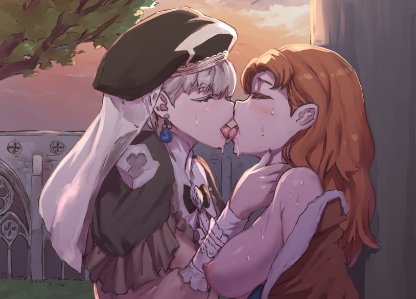 2girls annette_fantine_dominic blonde_hair blush breasts closed_eyes earrings female_only fire_emblem fire_emblem:_three_houses french_kiss kissing large_breasts long_hair mercedes_von_martritz multiple_girls nipples orange_hair outdoors post-timeskip saliva senmura senmuts source_request sweat tongue tongue_out yuri