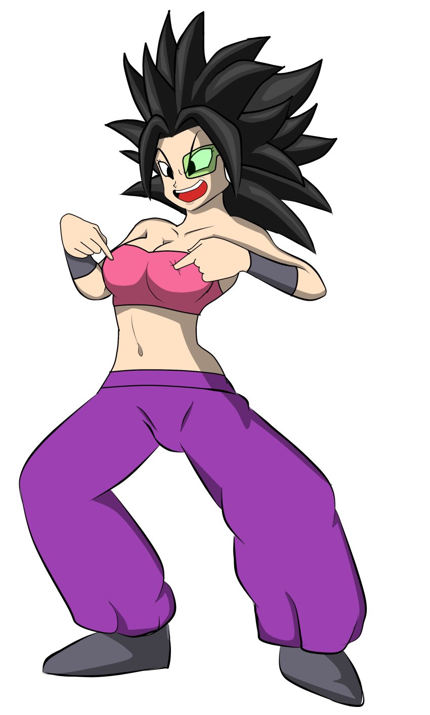 1girls baggy_pants black_hair body_change body_swap breast_squish breasts captain_ginyu caulifla clothed dragon_ball dragon_ball_super female female_only ginyu1992 green-tinted_eyewear saiyan scouter smile solo tagme tinted_eyewear