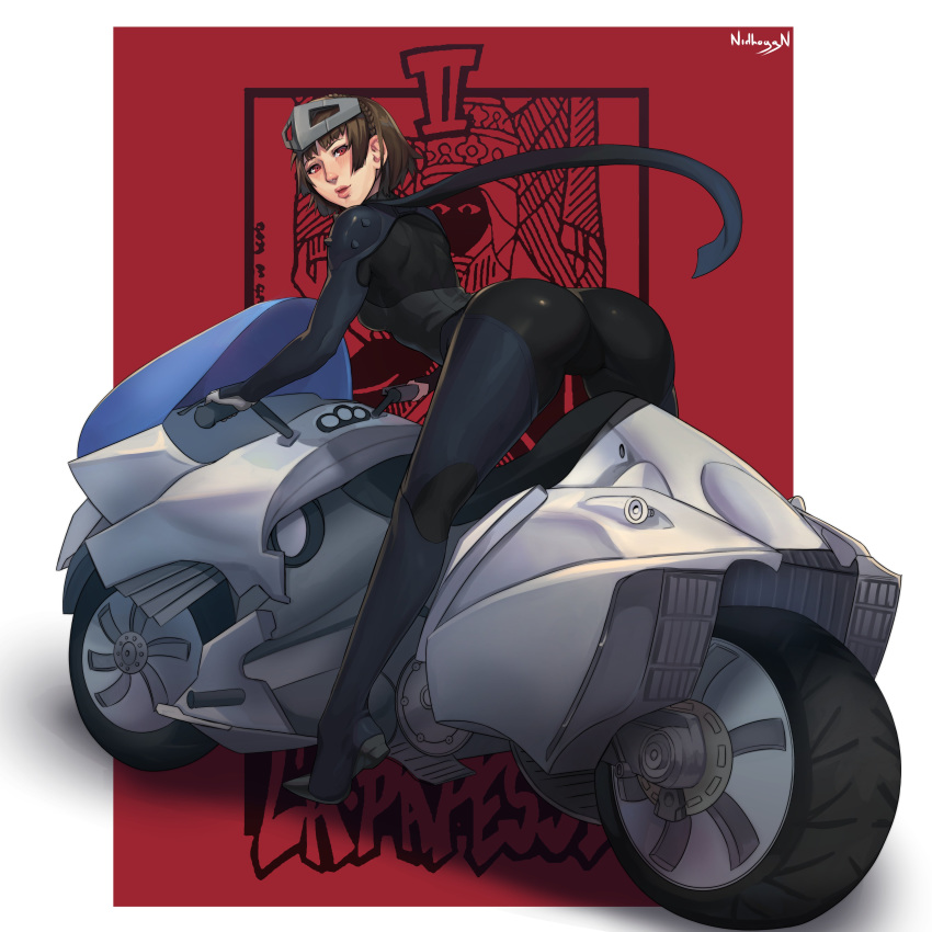 atlus big_ass brown_hair female female_only human johanna_(persona) makoto_niijima megami_tensei motorcycle pale_skin persona persona_(species) persona_5 phantom_thief_suit red_eyes sega short_hair solo solo_female solo_focus vehicle