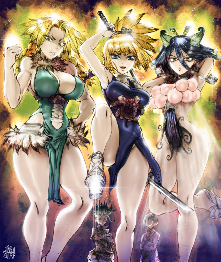 2boys 3girls asagiri_gen big_breasts dr.stone giantess hanada_nikki ishigami_senku kirisame_(dr.stone) kohaku_(dr.stone) larger_female male nikki_(dr.stone) pelvic_curtain revealing_clothes size_difference thegoldensmurf thick_lips thick_thighs thighs wide_hips