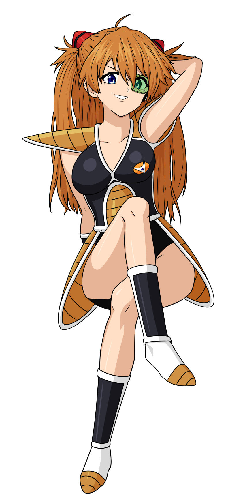 1girls armor asuka_langley_sohryu blue_eyes body_change body_swap captain_ginyu clothing crossover crossover_cosplay dragon_ball dragon_ball_z female female_only fully_clothed ginger ginyu1992 ginyu_force_battle_armor green-tinted_eyewear legs_crossed long_hair looking_at_viewer naughty_face neon_genesis_evangelion orange_hair pose scouter smirk solo tinted_eyewear wearing_others_clothes