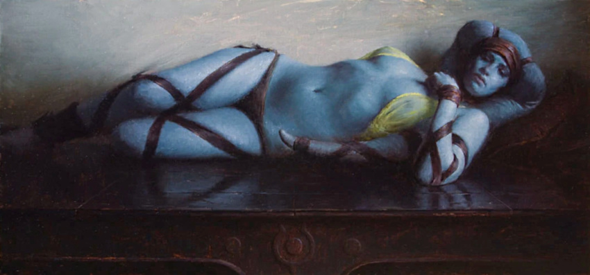 1girls alien alien_girl alien_humanoid blue_skin breasts closed_eyes dead_source edit female female_only humanoid jeremy_lipking laying laying_on_side laying_on_table lekku lips lying masseuse midriff nipples nipples_visible_through_clothing official_art on_side painting painting_(artwork) panties pillow ribs see-through see-through_clothing skimpy slave slave_clothes slave_outfit sleeping small_breasts solo star_wars table twi'lek underwear wooden_table wraps yobana