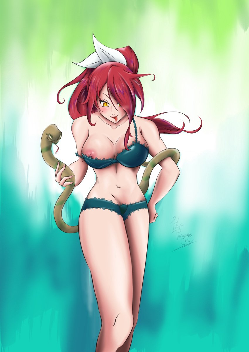 big_breasts blush braid breast breasts breasts_out female_only flatpancakes hair_over_one_eye kobayashi_rindou lingerie nipple panties ponytail red_hair reptile shokugeki_no_souma smirk snake thick_thighs tongue_out underwear