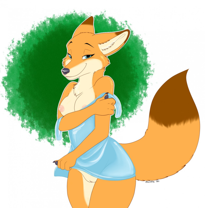 anthro big_tail blue_clothing blue_dress blue_eyes breasts canid canine clothing clothing_lift disney dress dress_lift exposed_breasts eyelashes female fox genitals hi_res holding_arm mammal medium_breasts merffle mrs._wilde no_panties pose pussy shrug small_breasts smile solo standing undressing zootopia