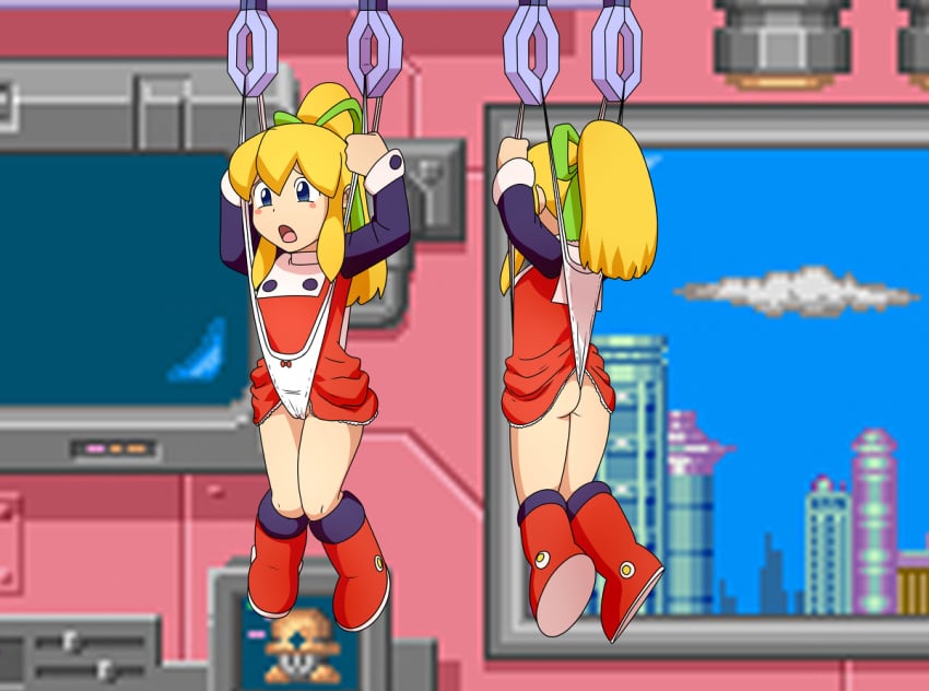 1girls ass blonde_hair blue_eyes blush capcom exposed_ass female female_only hanging_wedgie indoors mega_man mega_man(classic) misaeldm panties panty_pull ponytail ribbon rockman roll sad tagme wedgie white_panties young