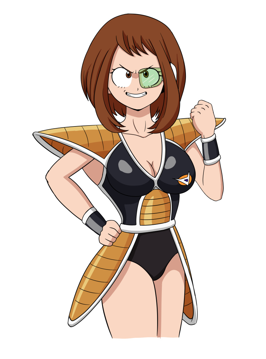 1girls armor body_change body_swap breasts brown_eyes brown_hair captain_ginyu crossover dragon_ball dragon_ball_z female female_only fully_clothed genderswap_(mtf) ginyu1992 ginyu_force_battle_armor green-tinted_eyewear my_hero_academia ochako_uraraka rule_63 scouter smile smirk solo tagme thighs tinted_eyewear wearing_others_clothes