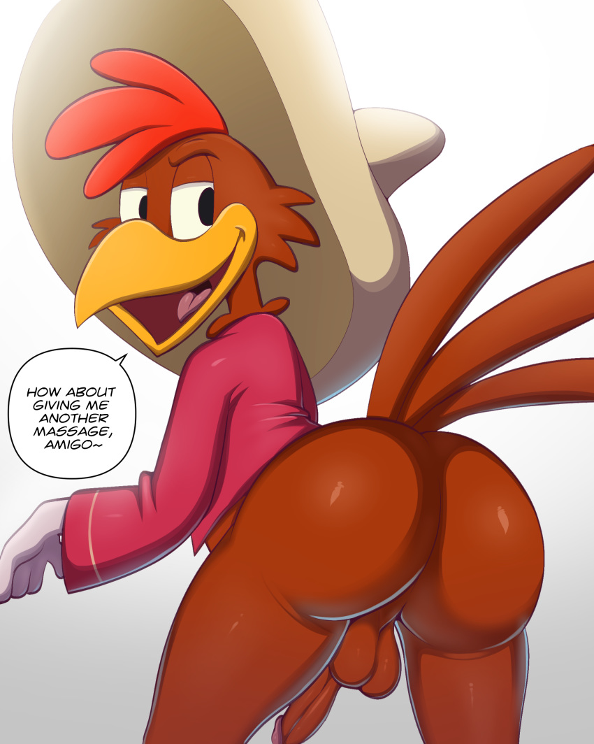 absurd_res anthro ass avian balls beak big_butt bird bottomless butt_focus chicken clothed clothing dialogue disney english_text erection galliform gallus_(genus) genitals hat headgear headwear hi_res inviting jerseydevil looking_back male male_only open_mouth panchito_pistoles penis phasianid solo sombrero speech_bubble talking_to_viewer text the_three_caballeros tongue