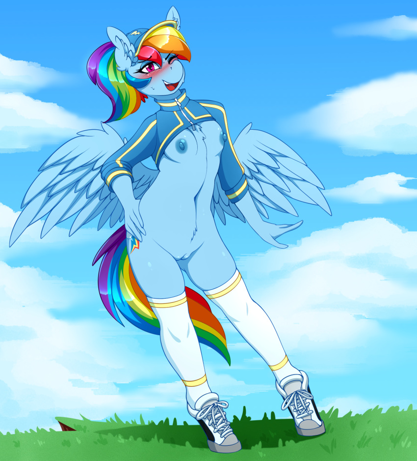 2020 anthro areola blue_nipples blush bottomless breasts casual_exposure clothed clothing cutie_mark digital_media_(artwork) equid equine eyebrows feathered_wings feathers female footwear friendship_is_magic furry genitals hat headgear headwear hi_res legwear mammal my_little_pony nipples one_eye_closed open_mouth outside pegasus pussy rainbow_dash_(mlp) raised_clothing raised_shirt replica_(artist) shoes solo straight_hair thigh_highs wings