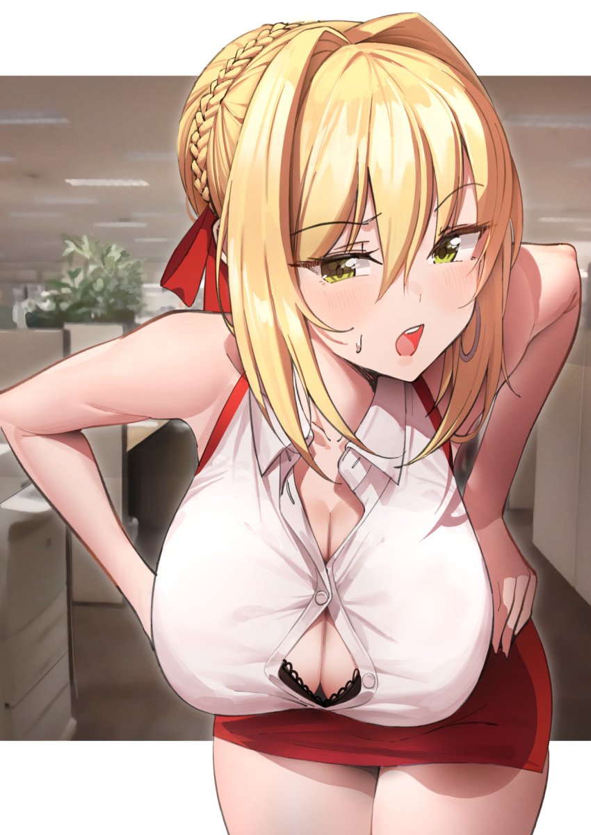 1girls bent_over big_breasts blonde_hair blush breasts button button_gap cleavage dress fate/grand_order fate_(series) female front_view green_eyes hand_on_hip hand_on_own_hip huge_breasts indoor k_pring looking_at_viewer miniskirt nero_claudius_(fate) office office_lady seductive short_hair solo