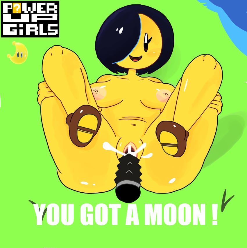 anthro anthrofied ass blush breasts cumming cute dildo female female_ejaculation female_only happy legs_held_open legs_up mario_(series) meow_fuck moon nintendo nude power_moon power_up power_up_girl pussy sex_toy shiny_skin spread_legs super_mario_odyssey text vaginal_penetration yellow_skin