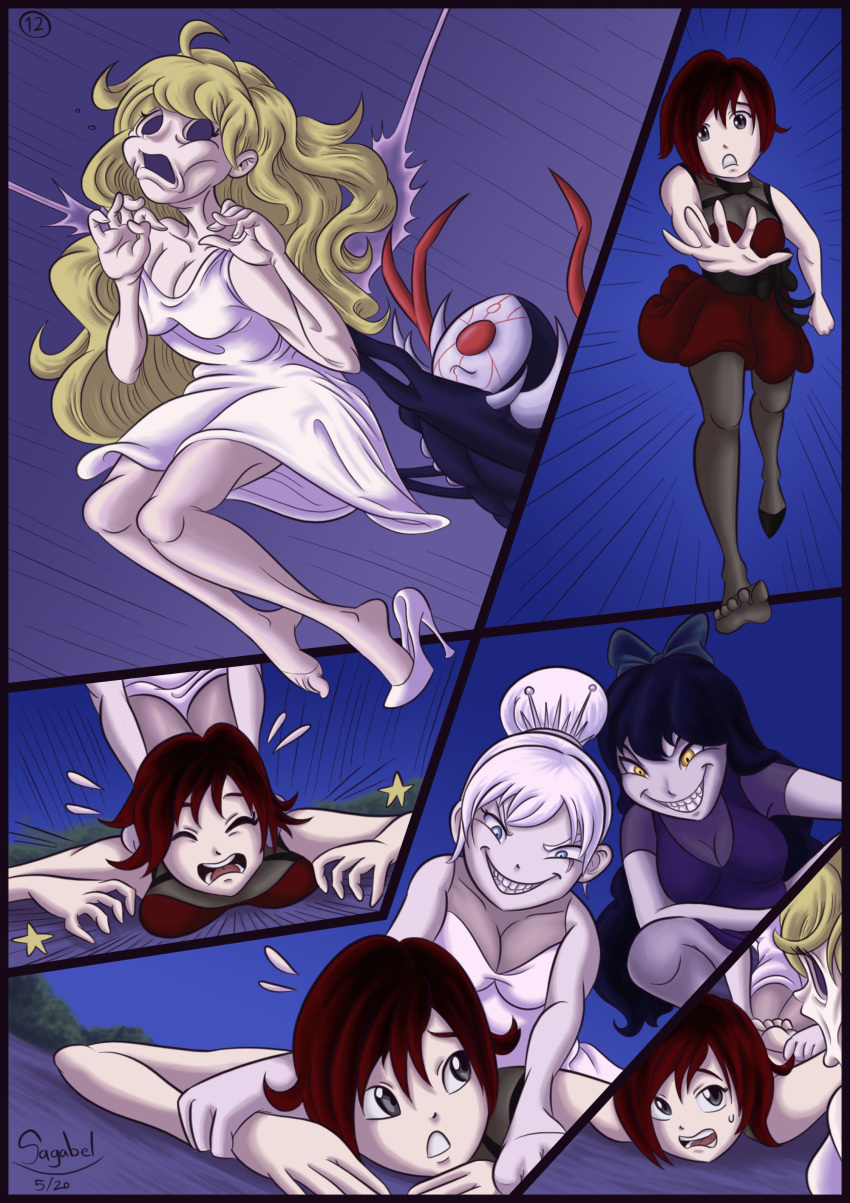 black_hair blake_belladonna blonde_hair bodysuit color comic deflation dress evil_grin faunus female grimm_(rwby) group high_heels human interspecies male multiple_girls pale_skin possessed possession ruby_rose rwby sagabel silent_comic skinsuit smile team_rwby weiss_schnee white_hair yang_xiao_long