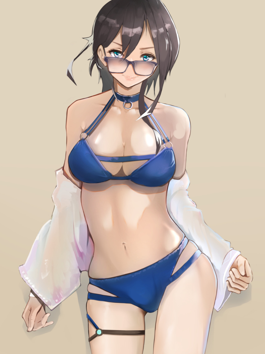 ace34941531 ark_royal_(azur_lane) ark_royal_(coast_watcher)_(azur_lane) azur_lane bikini black_hair blue_bikini blue_eyes breasts choker cleavage collarbone eyebrows_visible_through_hair highres large_breasts long_hair looking_over_eyewear looking_over_glasses navel see-through smile sunglasses swimsuit tagme thigh_strap tinted_eyewear