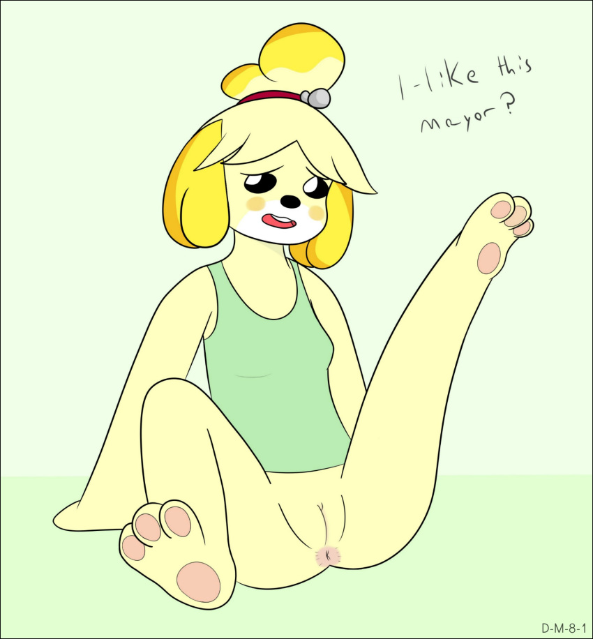 2014 animal_crossing anus blush_stickers bottomless dm81 dog english_text female isabelle_(animal_crossing) legs_up nintendo open_mouth pawpads ponytail pussy solo tank_top