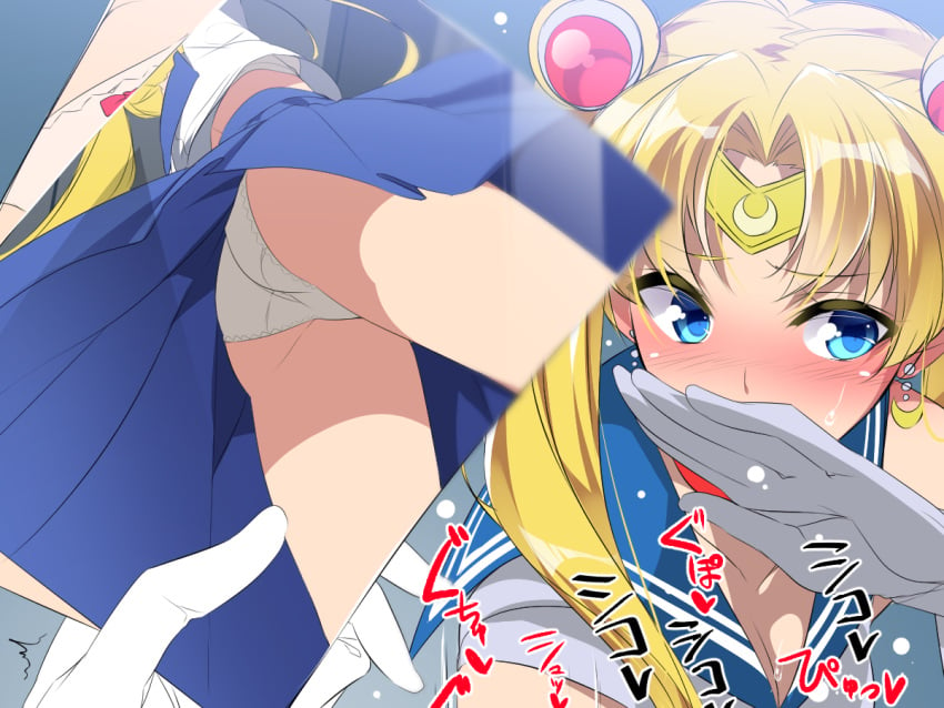 bishoujo_senshi_sailor_moon blonde_hair blue_eyes blush clothing huge_breasts mtu_(orewamuzituda) panties sailor_moon sailor_moon_redraw_challenge sailor_uniform school_uniform skirt skirt_up sweat tagme twintails usagi_tsukino white_panties