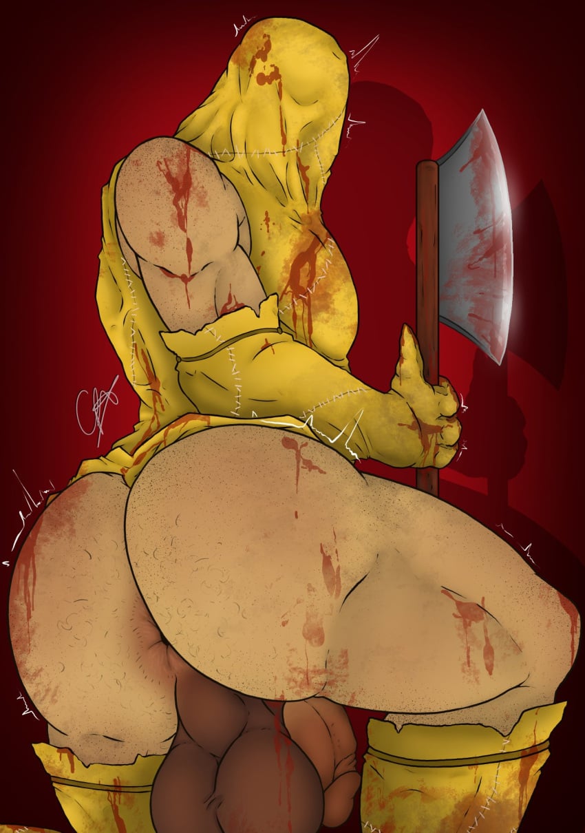 1boy ass backview balls blood_stain clothing covered_face demonophobia gay gloves hairy_ass lucifer_(demonophobia) male male_only notrav partially_clothed presenting_ass presenting_butt solo solo_focus sweat sweating