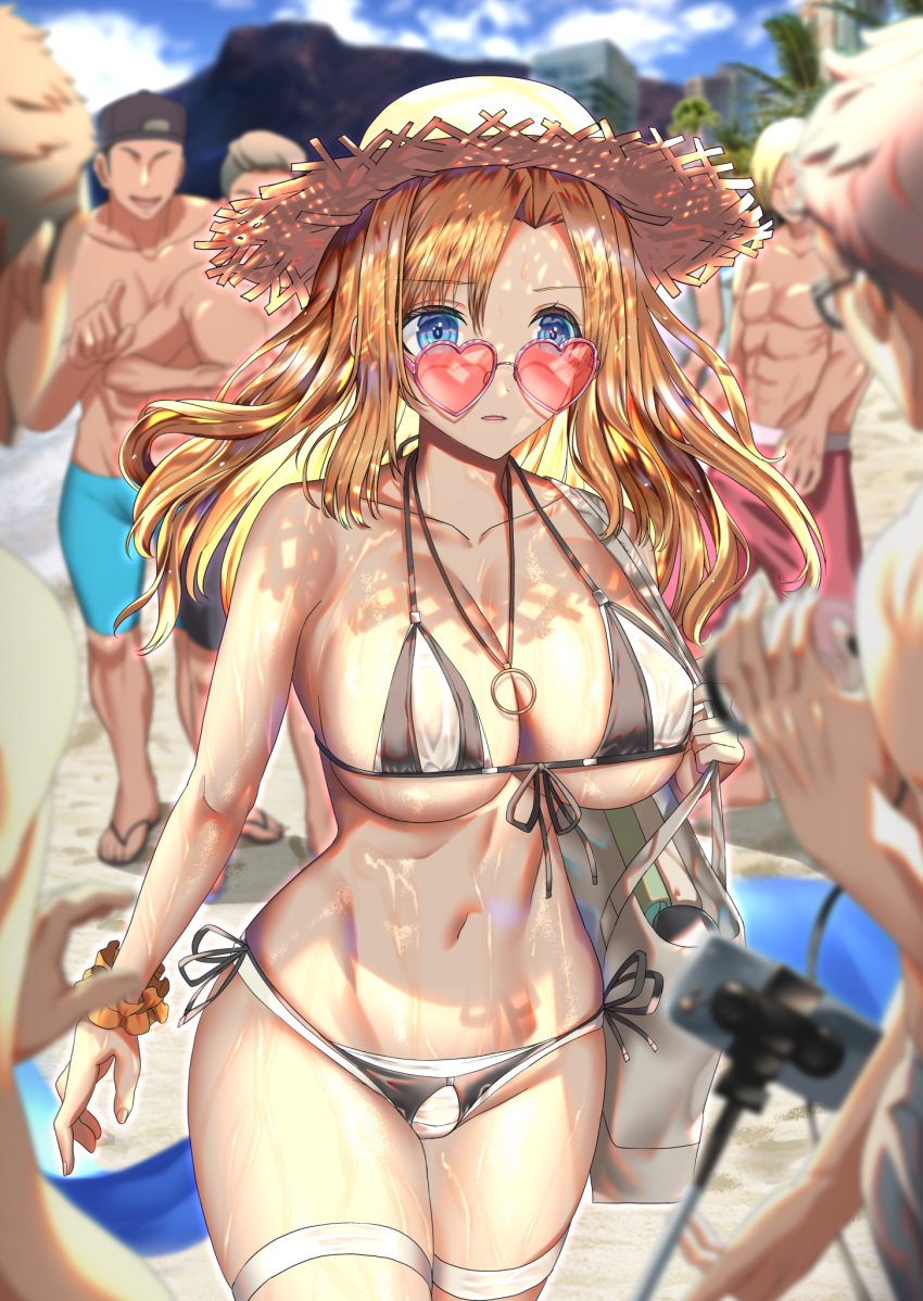 abs beach bikini black_bikini blonde_hair blue_eyes breasts cleavage female fujisaki_eru glasses hat heart-shaped_eyewear heart-shaped_sunglasses highres large_breasts long_hair looking_over_eyewear looking_over_glasses looking_over_sunglasses pink-tinted_eyewear straw_hat sunglasses swimsuit tinted_eyewear wet