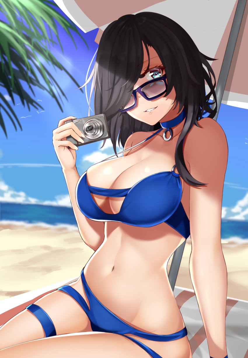 arikawa_rui ark_royal_(azur_lane) ark_royal_(coast_watcher)_(azur_lane) azur_lane beach bikini black_hair blue_bikini blue_eyes breasts camera choker cleavage collarbone day eyebrows_visible_through_hair hair_over_one_eye highres holding large_breasts long_hair looking_over_eyewear looking_over_glasses navel ocean outdoors sitting smile sunglasses swimsuit tagme thigh_strap tinted_eyewear umbrella