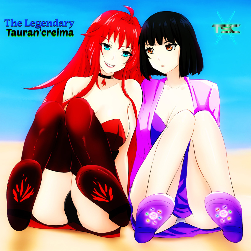 2girls bangs beach black_hair breasts choker eyebrows_visible_through_hair female female_only fesforia_meilorei green_eyes grin highres lipstick logo long_hair looking_at_viewer looking_away original original_characters red_eyes red_hair robe sacredcourage sand serenity_addlebeen short_hair sitting skirt smile teeth the_legendary_tauran'creima the_legendary_tauran'creima:_star_beings_of_the_universe