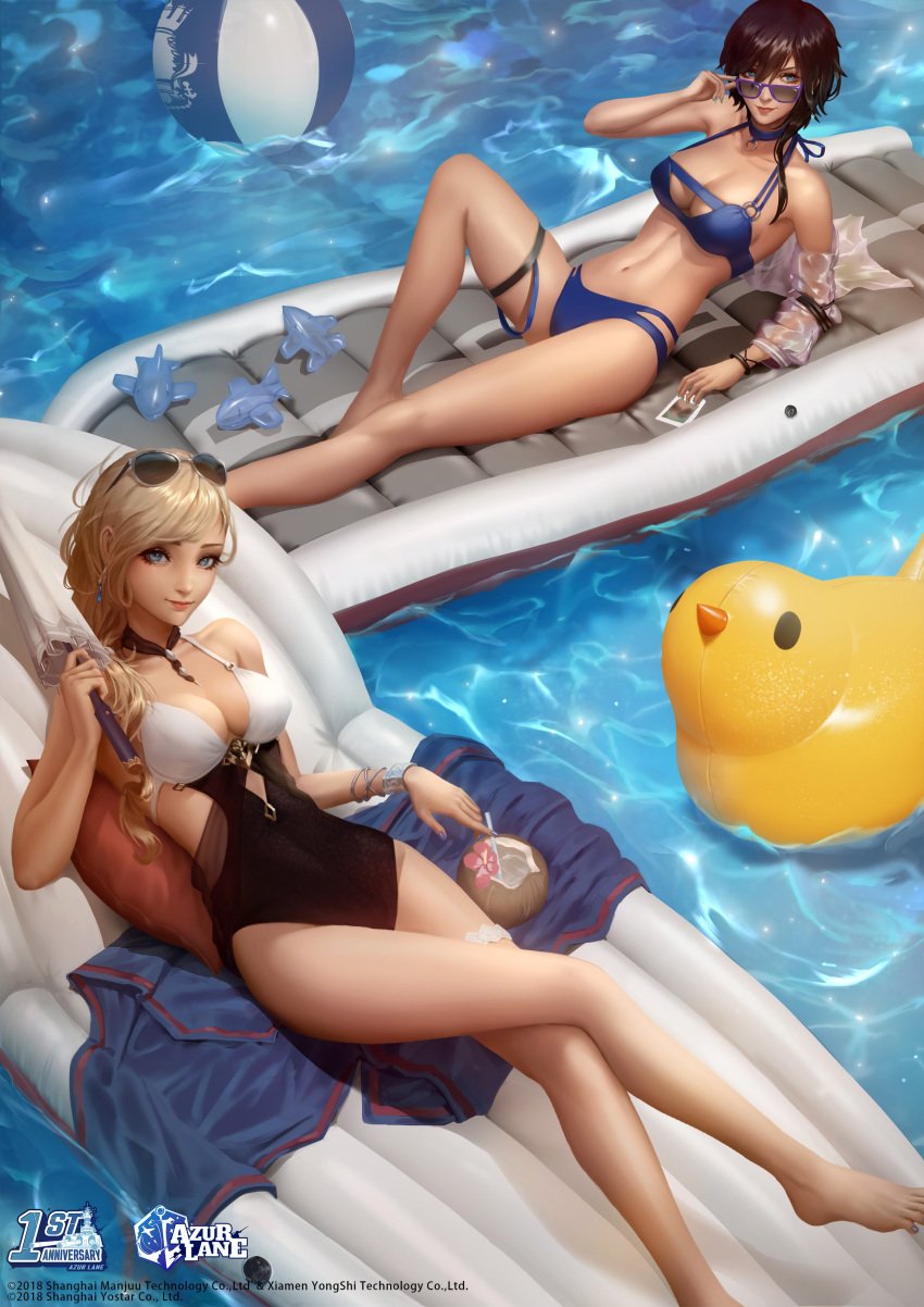 2girls absurd_res adjusting_eyewear adjusting_glasses aqua_nails ark_royal_(azur_lane) ark_royal_(coast_watcher)_(azur_lane) azur_lane ball bangs bare_shoulders beach_ball bikini black_hair blonde_hair blue_bikini blue_eyes breasts choker cleavage closed_mouth collarbone covered_navel day earrings eyewear_on_head full_body hair_over_shoulder highres holding hood_(azur_lane) hood_(sunlit_lady)_(azur_lane) jewelry large_breasts legs_crossed long_hair looking_at_viewer looking_over_eyewear looking_over_glasses multiple_girls nail_polish navel necklace o-ring one-piece_swimsuit outdoors parasol pool raikoart reclining short_hair smile sunglasses swimsuit thigh_strap tinted_eyewear umbrella watermark