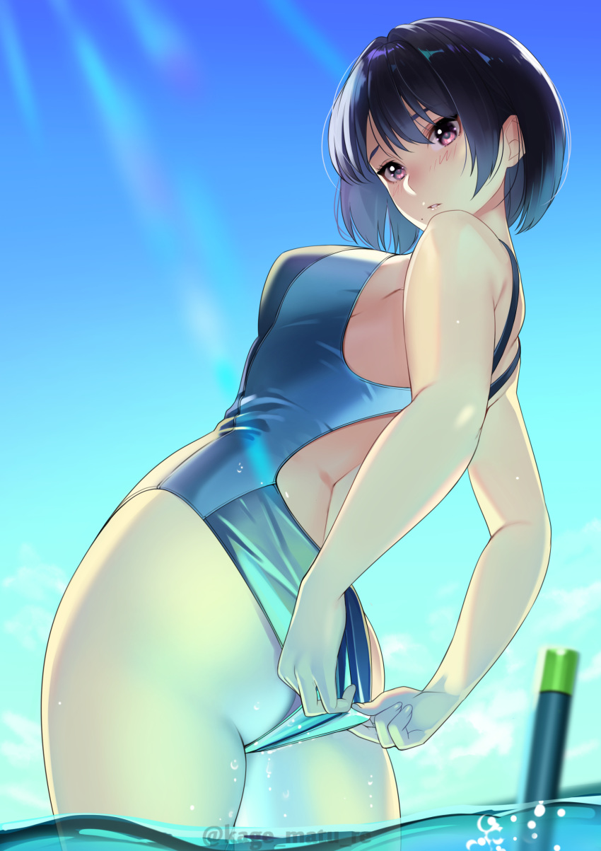 1girls absurdres adjusting_clothes adjusting_swimsuit ass black_hair blurry blush breasts competition_swimsuit depth_of_field female female_only from_below highres kagematsuri looking_down mole mole_under_mouth one-piece_swimsuit original purple_eyes short_hair sideboob snorkel solo solo_female swimsuit thick_thighs twitter_username wading wet