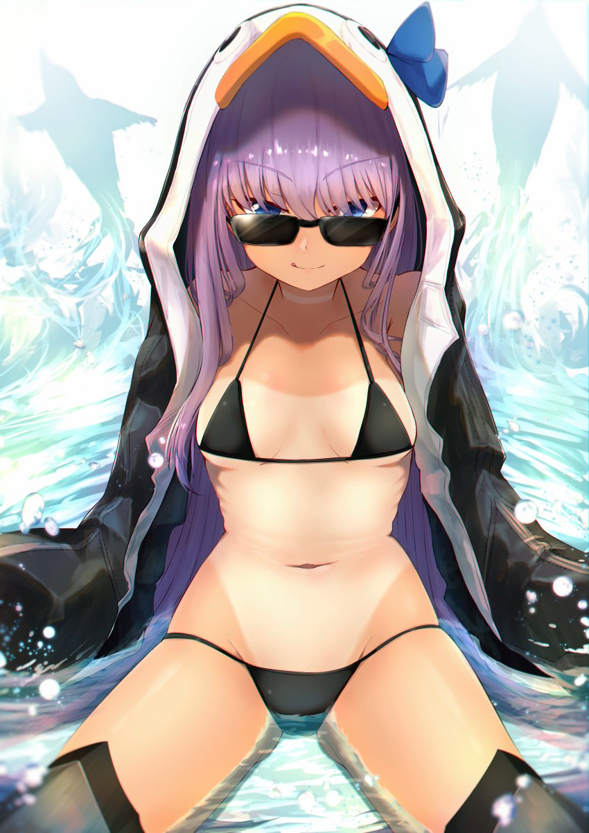 absurdres animal_costume animal_hood bangs bikini black_bikini black_jacket black_legwear blue_eyes breasts collarbone commentary_request dolphin eyebrows_visible_through_hair fate/grand_order fate_(series) female hair_between_eyes highres hood in_water jacket karu_(ricardo_2628) long_hair looking_at_viewer looking_over_eyewear looking_over_glasses meltryllis meltryllis_(swimsuit_lancer)_(fate) navel open_clothes open_jacket penguin_costume penguin_hood sitting small_breasts solo sunglasses swimsuit tan thighhighs tinted_eyewear tongue tongue_out water white_jacket