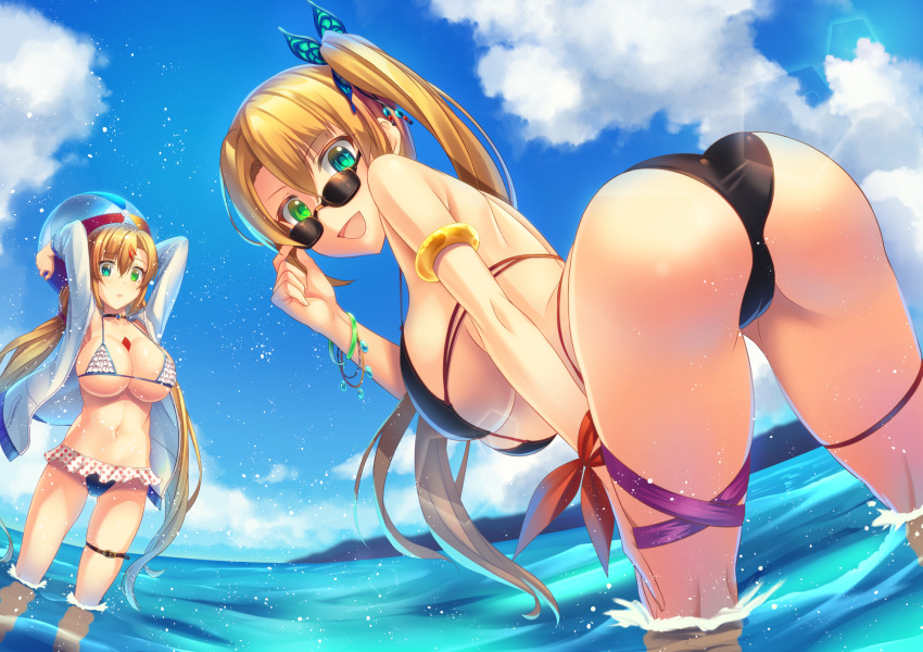 2girls :d adjusting_eyewear adjusting_glasses arms_up ass ball beachball bent_over bikini blonde_hair breasts choker cleavage green_eyes highres hyui_cf2 kneepits large_breasts leaning_forward long_hair looking_at_viewer looking_back looking_over_eyewear looking_over_glasses micro_bikini multiple_girls navel ocean open_mouth original side_ponytail smile standing sunglasses swimsuit thigh_strap tinted_eyewear twintails underboob very_long_hair wading yuki_(hyui_cf2) yuri_(hyui_cf2)