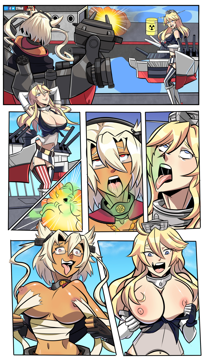 27lsd ahe_gao big_breasts blush breasts female imminent_oral iowa_(kantai_collection) kantai_collection musashi_(kantai_collection) open_mouth oral_invasion petite possession sucking_nipples tongue_out yuri