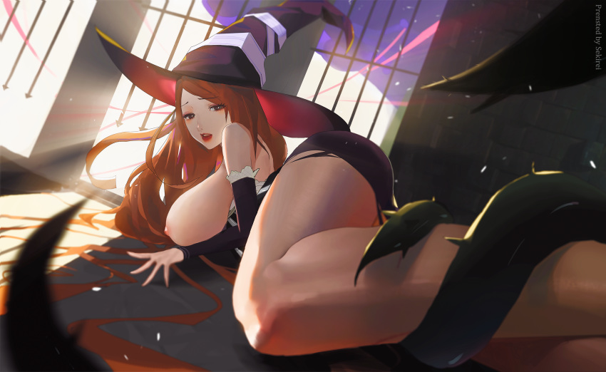 1girls breasts breasts_out brown_eyes detached_sleeves dragon's_crown dress female hat highres imminent_rape large_breasts long_hair looking_back nipples open_mouth orange_hair redooo sideboob sorceress_(dragon's_crown) sunlight table tentacle thorns vines witch_hat