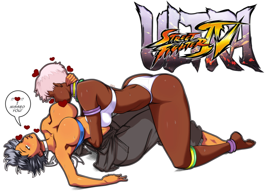 blushing breast_sucking breasts capcom censored choker dark-skinned_female dark_skin elena_(street_fighter) female female_only heart interracial_yuri johnrokk large_breasts makoto_(street_fighter) sensitive_nipples speech_bubble street_fighter street_fighter_iii street_fighter_iv sucking sucking_nipples sweat sweating tagme tomboy white_background white_hair yuri