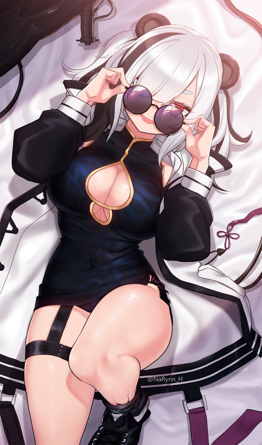 :d absurdres adjusting_eyewear adjusting_glasses animal_ears arknights bangs bear_ears bear_girl black-framed_eyewear black_dress black_footwear black_hair boots breasts china_dress chinese_clothes cleavage cleavage_cutout cute_fang dress feater_(arknights) female glasses glint hair_over_one_eye highres jacket large_breasts long_hair long_sleeves looking_at_viewer looking_over_eyewear looking_over_glasses lying multicolored_hair narynn oerba_yun_fang on_back open_mouth panda_ears panties round_eyewear round_glasses smile solo sunglasses thick_eyebrows thigh_strap thighs tinted_eyewear