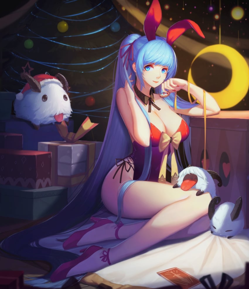 1girls blue_eyes blue_hair bunny_ears bunny_girl christmas cleavage cookie high_heels league_of_legends legs long_hair poro_(league_of_legends) presents ribbon riot_games smile sona_buvelle string_panties tiger_205