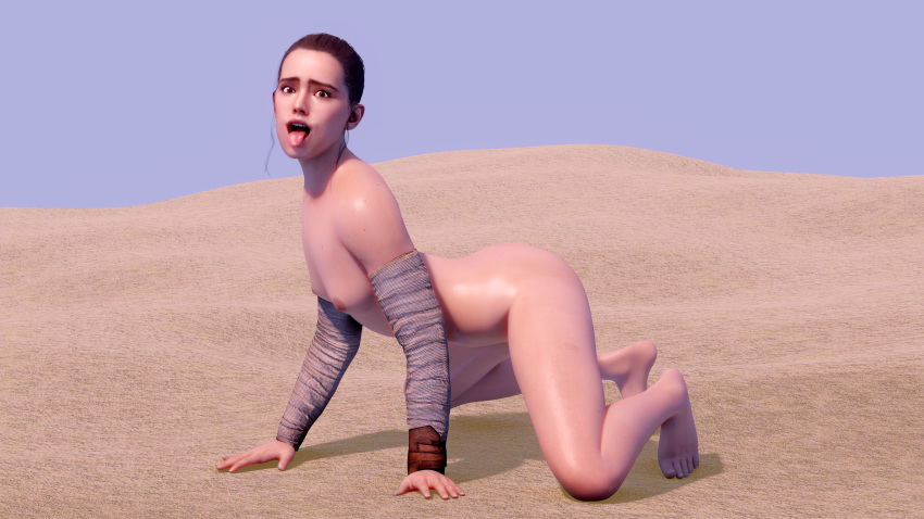 1girls 3d all_fours arm_warmers armwear armwear_only barefoot blender breasts brown_eyes brown_hair day desert feet female female_only freckles happy human human_only jakku looking_at_viewer nipples oil on_all_fours on_ground open_mouth outside render rey sand shiny_skin side_view small_breasts smuteagle solo_female star_wars teeth the_force_awakens throat tied_hair tongue tongue_out white_skin