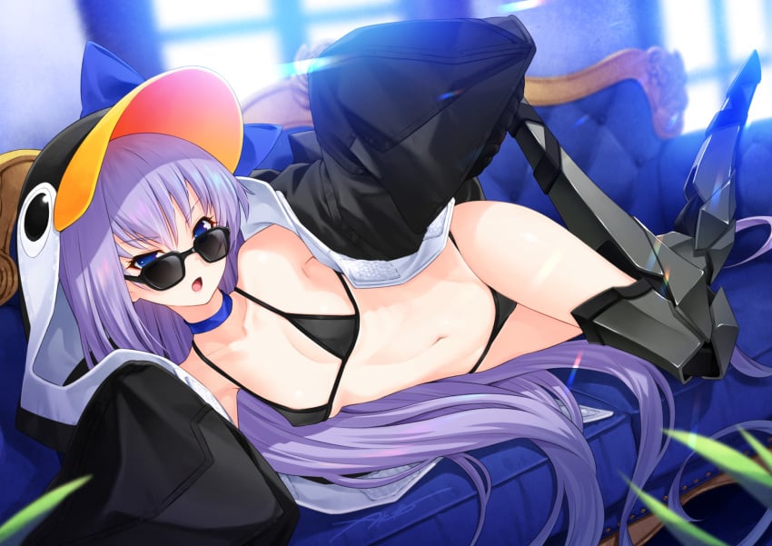 animal_hood backlighting bangs bikini black_bikini black_jacket blue_bow blush bow breasts choker collarbone couch fate/grand_order fate_(series) female greaves hair_between_eyes highres hood jacket kazuma_muramasa long_hair long_sleeves looking_at_viewer looking_over_eyewear looking_over_glasses lying meltryllis meltryllis_(swimsuit_lancer)_(fate) navel on_side open_mouth penguin_hood purple_hair sleeves_past_fingers sleeves_past_wrists small_breasts smile solo sunglasses swimsuit thighs tinted_eyewear very_long_hair window