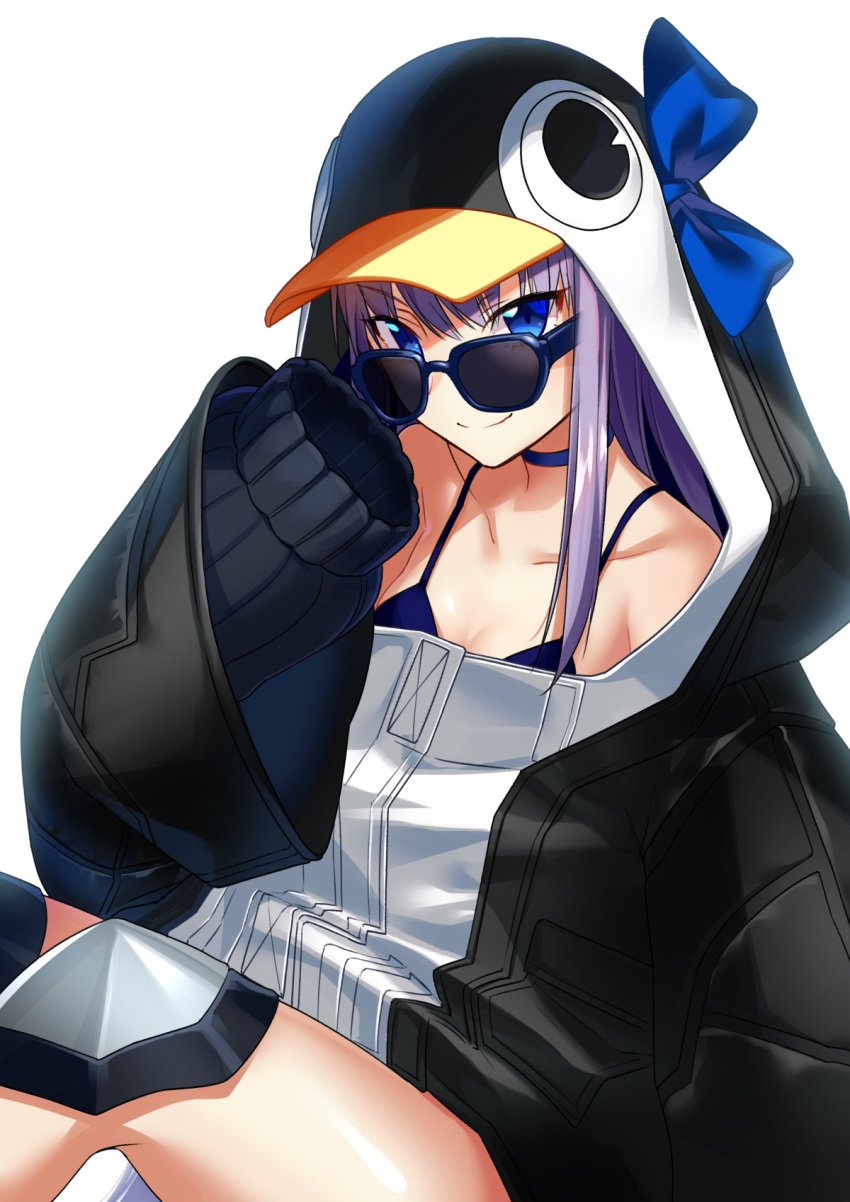 adjusting_eyewear adjusting_glasses animal_hood bangs bare_shoulders bikini black_bikini black_jacket blue_bow blue_eyes blush bow breasts choker closed_mouth collarbone fate/grand_order fate_(series) female hair_between_eyes highres hood jacket knee_pads knees_up long_hair long_sleeves looking_at_viewer looking_over_eyewear looking_over_glasses looking_over_sunglasses meltryllis meltryllis_(swimsuit_lancer)_(fate) penguin_hood purple_hair sarukichi sitting sleeves_past_fingers sleeves_past_wrists small_breasts smile solo sunglasses swimsuit thighs tinted_eyewear very_long_hair