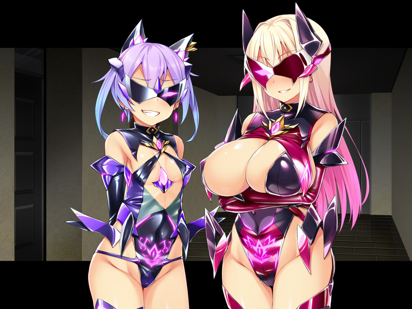 2girls arms_behind_back ayasaki_shizuku blush bodysuit brainwashing breasts brooch cleavage cleavage_cutout clenched_teeth corruption cowboy_shot crossed_arms dark_magical_girl door earrings female female_only floor fujii_natsumi game_cg groin hair_ornament heart heart_tattoo highres indoors jewelry large_breasts legs legs_together long_hair magical_girl mind_control multicolored_hair multiple_girls original pubic_tattoo purple_hair satou_kuuki small_breasts smile soukou_seiki_ysphere~_ingyaku_no_sennou_kaizou standing sunglasses tattoo teeth thighs tinted_eyewear twintails two-tone_hair visor ys_aqua ys_flare