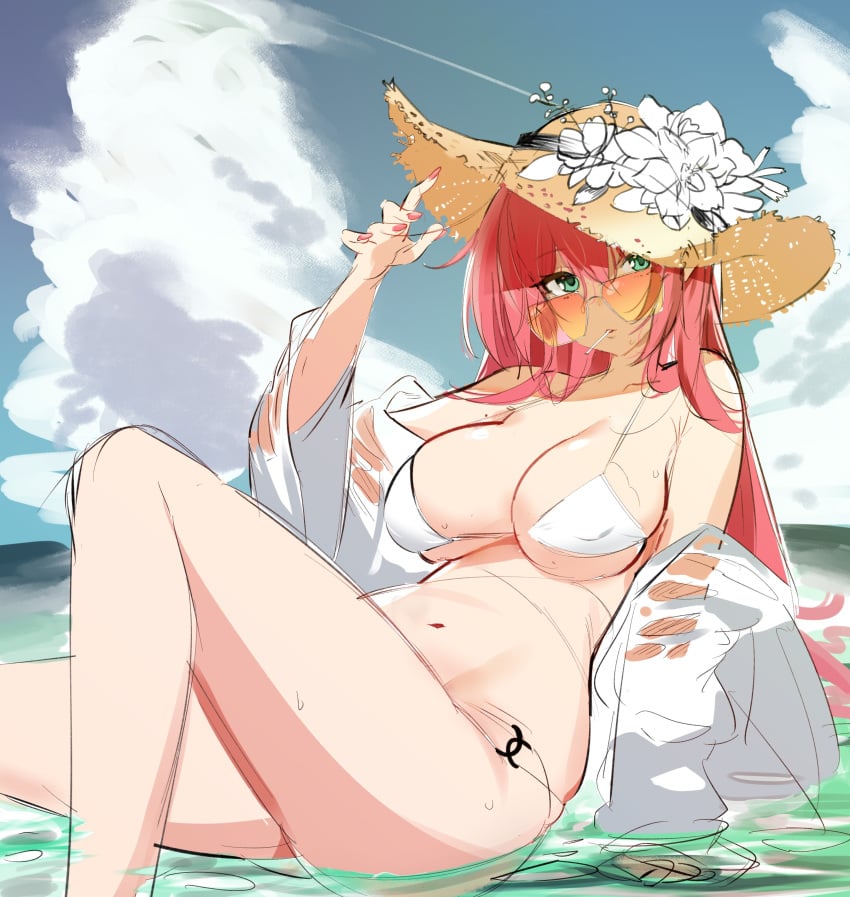 1girls absurdres azur_lane bare_shoulders bikini blue_sky breasts cleavage cloud day eyebrows_visible_through_hair female female_focus female_only flower green_eyes hair_between_eyes hair_ornament hat highres in_water large_breasts long_hair looking_at_viewer looking_over_eyewear looking_over_glasses nail_polish navel nemomo orange-tinted_eyewear outdoors pink_hair red_nails sitting sky smile solo straw_hat sun_hat sunglasses surcouf_(azur_lane) surcouf_(loisirs_balneaires)_(azur_lane) swimsuit thighs tinted_eyewear very_long_hair water white_bikini