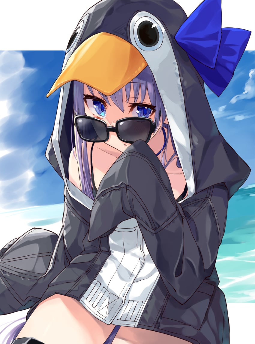 absurdres adjusting_eyewear adjusting_glasses animal_hood bangs bare_shoulders black_jacket blue_eyes blue_ribbon blue_sky breasts choker collarbone fate/grand_order fate_(series) female female_only hair_between_eyes highres hood jacket long_hair long_sleeves looking_at_viewer looking_over_eyewear looking_over_glasses meltryllis meltryllis_(swimsuit_lancer)_(fate) nuko_miruku open_mouth penguin_hood purple_hair ribbon sky sleeves_past_fingers sleeves_past_wrists small_breasts solo sunglasses tinted_eyewear very_long_hair