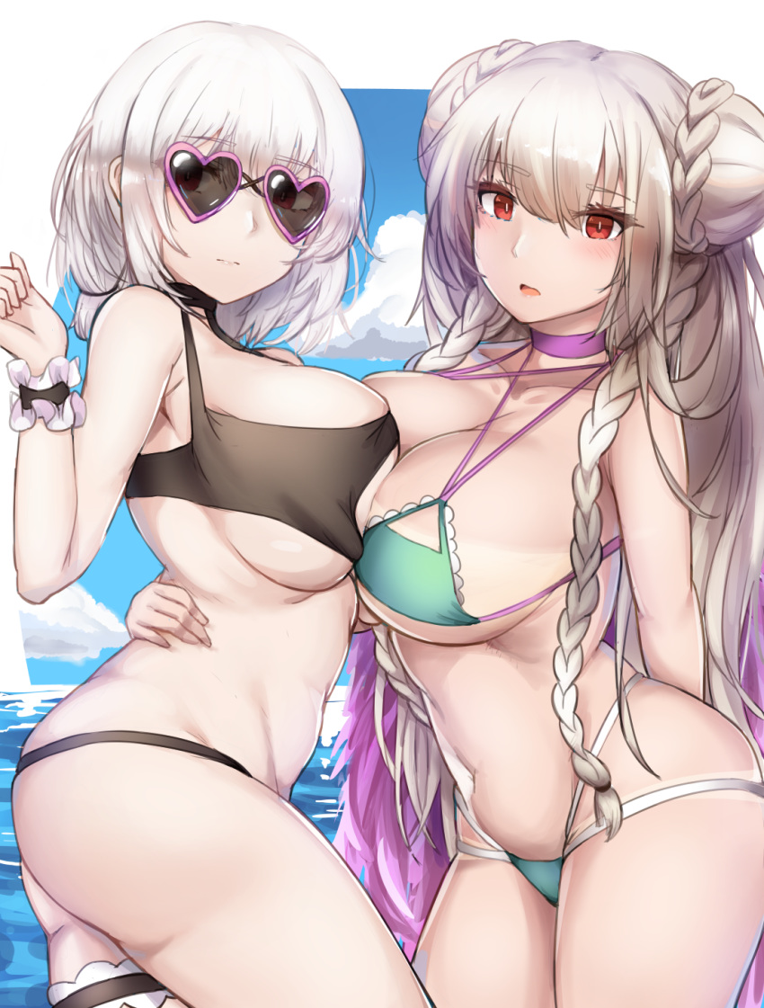 2girls aqua_bikini arm_around_waist arm_behind_back ass azur_lane bangs bare_arms bare_shoulders bikini black_bikini blue_sky blush braid braided_bun breast_press breasts choker cloud commentary_request cowboy_shot criss-cross_halter day double_bun eyebrows_visible_through_hair formidable_(azur_lane) formidable_(the_lady_of_the_beach)_(azur_lane) halterneck hand_up heart heart-shaped_eyewear highres large_breasts light-skinned_female light_skin long_hair looking_at_viewer looking_over_eyewear looking_over_glasses multiple_girls navel ocean open_mouth outdoors pink-framed_eyewear purple_choker red_eyes royal_navy_(azur_lane) short_hair silver_hair sirius_(azur_lane) sirius_(scorching-hot_seirios)_(azur_lane) sky standing stomach sunglasses swimsuit symmetrical_docking thigh_strap thighs tinted_eyewear twin_braids uchisukui water wrist_cuffs