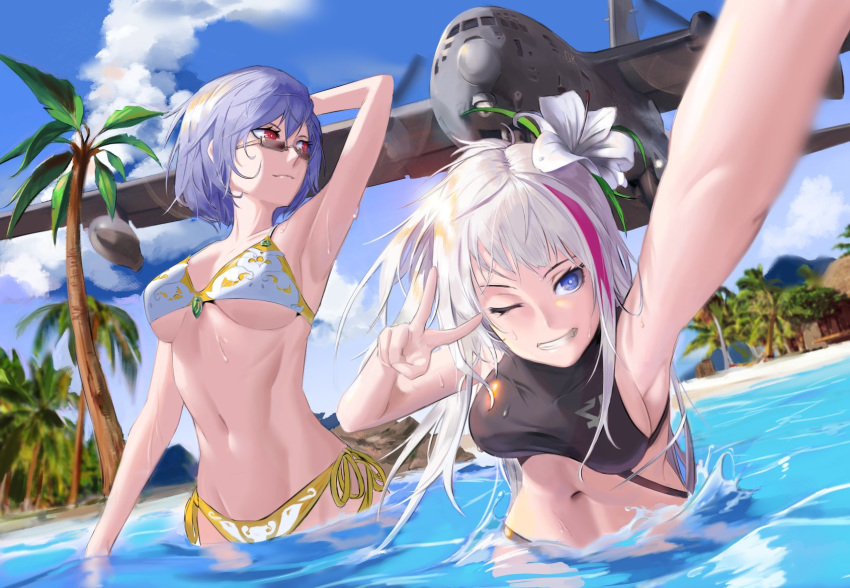 aircraft airplane armpits bangs beach bikini black_bikini blue_eyes blue_sky blush breasts c-130_hercules cloud eyebrows_visible_through_hair flower girls'_frontline grey_hair grin hair_flower hair_ornament hand_on_own_head heterochromia highres large_breasts leaning_forward long_hair looking_at_viewer looking_over_eyewear looking_over_glasses looking_over_sunglasses mdr_(girls'_frontline) multicolored multicolored_bikini multicolored_clothes multicolored_hair multiple_girls navel ocean outdoors palm_tree red_eyes sand self_shot short_hair sidelocks silver_hair sky smile stomach streaked_hair sunglasses swimsuit thompson_(girls'_frontline) tinted_eyewear tmtm3327 tree v wading