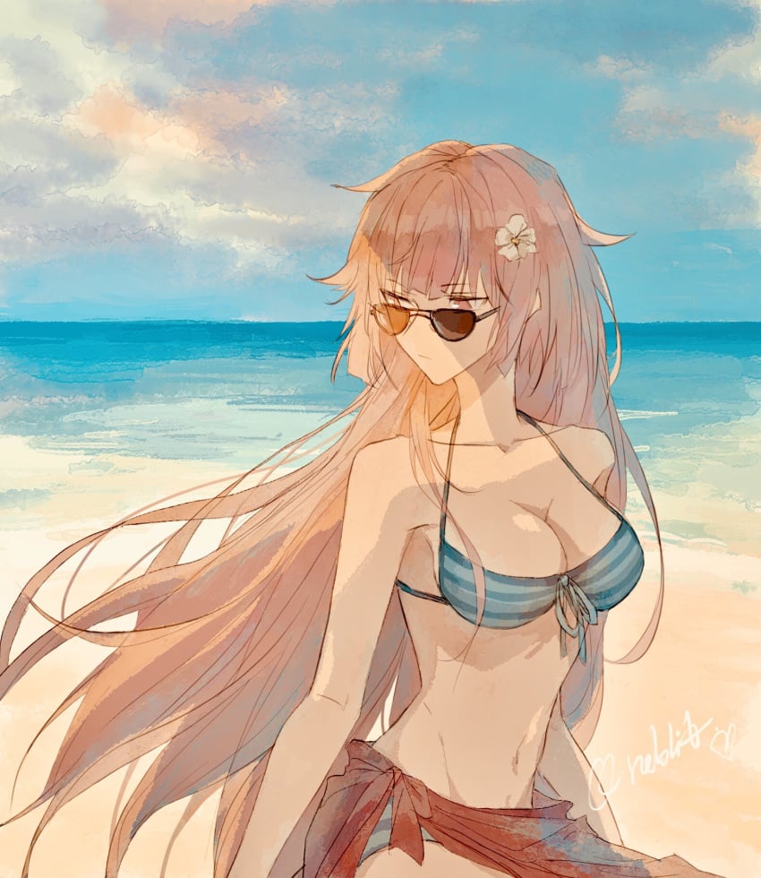 alternate alternate_costume arms_at_sides bangs beach bikini blue_sky breasts cleavage closed_mouth cloud collarbone expressionless eyebrows_visible_through_hair female floating_hair flower front-tie_bikini front-tie_top girls'_frontline groin hair_between_eyes hair_flower hair_ornament highres long_hair looking_away looking_over_eyewear looking_over_glasses looking_over_sunglasses medium_breasts navel ntw-20_(girls_frontline) ocean outdoors pink_eyes pink_hair q_rabbit sand sarong sidelocks signature sitting sky solo stomach striped striped_bikini sunglasses swimsuit tinted_eyewear very_long_hair wind yokozuwari