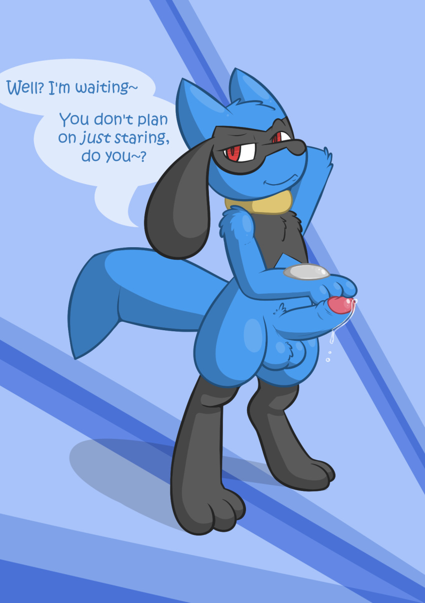 1boy anthro anthrofied black_fur blue_background blue_fur bodily_fluids canine dialogue erection eye_contact feet foreskin furry genital_fluids half-closed_eyes hi_res humanoid_genitalia humanoid_penis looking_at_viewer male nintendo paws penis pokémon_(species) pokemon pokemon_dppt precum red_eyes riolu rvlis solo speech_bubble standing tail talking_to_viewer testicles thick_thighs thigh_gap video_games yaoi