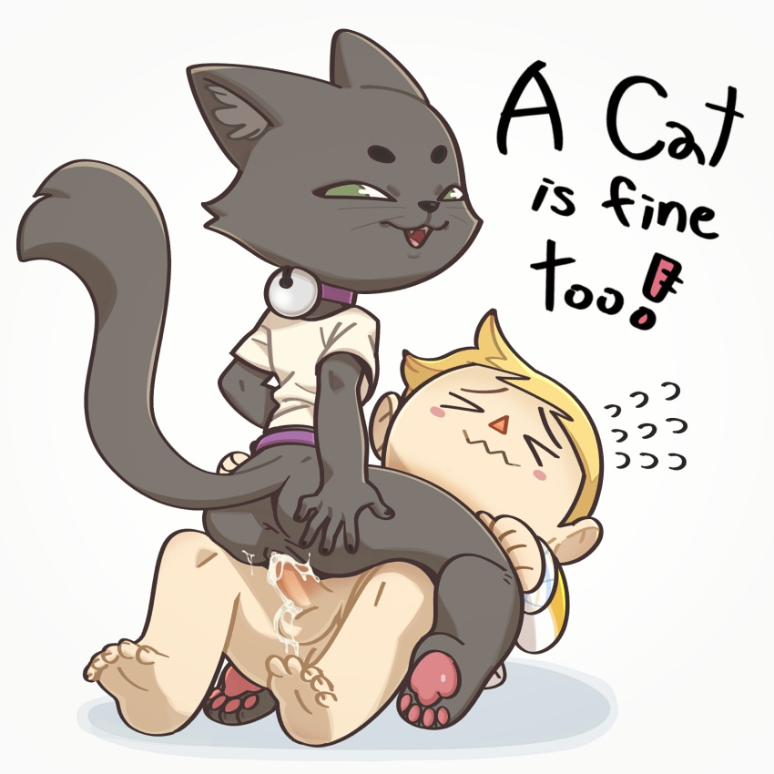 a_cat_is_fine_too animal_crossing anthro anthro_penetrated anus ashe_(starshippizza) balls bell bell_collar black_body black_fur blonde_hair bodily_fluids bottomless closed_eyes clothed clothing collar cowgirl_position cum cum_in_pussy cum_inside cum_on_balls cum_on_penis domestic_cat duo english_text feet felid feline felis female female_on_top female_penetrated fur furry genital_fluids genitals hair hand_on_butt hi_res human human_on_anthro human_penetrating human_penetrating_anthro humanoid_feet interspecies junyois looking_back looking_pleasured male male/female male_penetrating male_penetrating_female mammal nintendo on_top pawpads penetration penile penile_penetration penis pussy sex shirt soles straight t-shirt tail text topwear vaginal_penetration video_games villager_(animal_crossing)