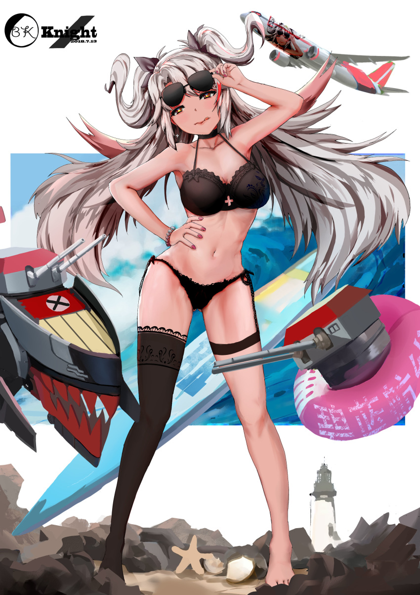 absurdres adjusting_eyewear adjusting_glasses aircraft airplane alternate_costume antenna_hair artist_name aviator_sunglasses azur_lane bangs beach bikini black_bikini black_knight_(artist) black_legwear black_ribbon blue_sky blush bracelet breasts brown_eyes cannon chinese_commentary cloud collarbone commentary_request cross_cutout dated eyebrows_visible_through_hair eyewear_on_head eyewear_removed female floating_hair full_body gluteal_fold hair_between_eyes hair_ribbon half-closed_eyes hand_on_eyewear hand_on_hip highres innertube iron_cross jewelry large_breasts licking_lips lighthouse long_hair looking_at_viewer machinery mole mole_on_breast multicolored_hair nail_polish navel ocean outdoors pink_nails prinz_eugen_(azur_lane) red_hair revision ribbon rigging sand side-tie_bikini signature silver_hair single_thighhigh sky smile solo standing starfish stomach streaked_hair sunglasses sunglasses_on_head sunglasses_removed surfboard swimsuit thigh_strap thighhighs tongue tongue_out turret two_side_up very_long_hair waves